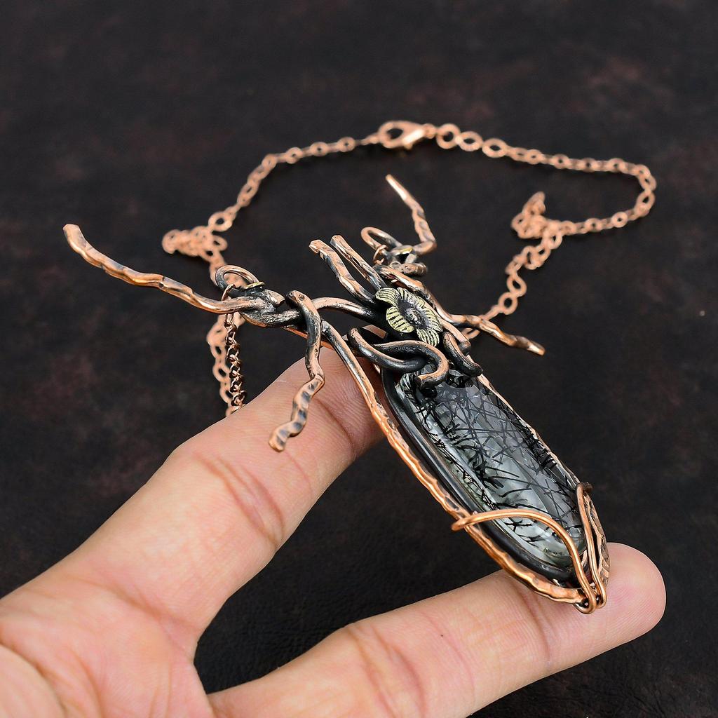 Black Rutile Necklace Copper Wire Wrapped Jewelry Handmade Necklace Adjustable Chain Necklace Natural Gemstone Jewelry Copper Wire Necklace
