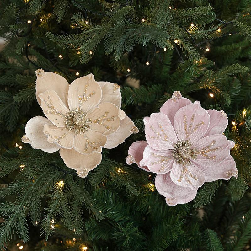 New 24CM sticky powder flocked Christmas flower magnolia flower high-end light luxury fabric Christmas decoration simulation flower