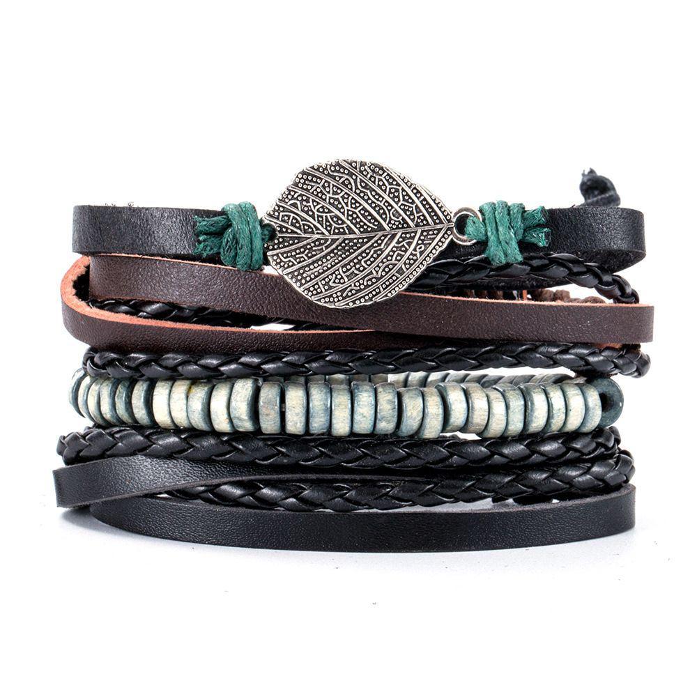 4Pcs/ Set Braided Wrap Leather Bracelets for Men Vintage Life Tree Rudder Charm Wood Beads Ethnic Tribal Wristbands