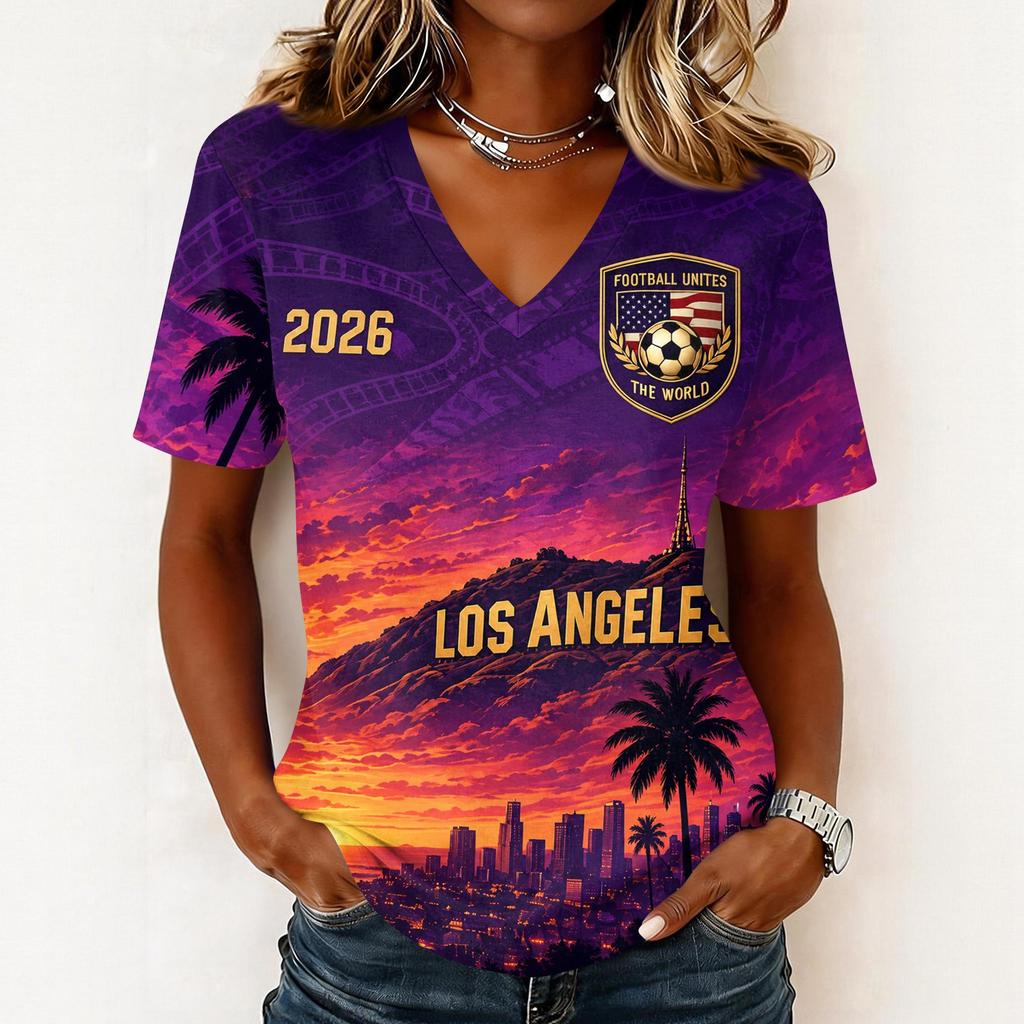 Women's Casual Short Sleeve V-Neck T-Shirt with Soccer Flag Print for Day Fan Wear