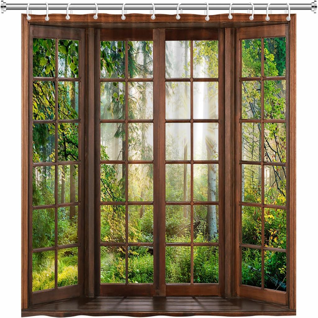 Forest Scenic Shower Curtain Rainforest Green Tree Spring Summer Sunlight Nature Landscape Camping Bathtub Curtains Fabric