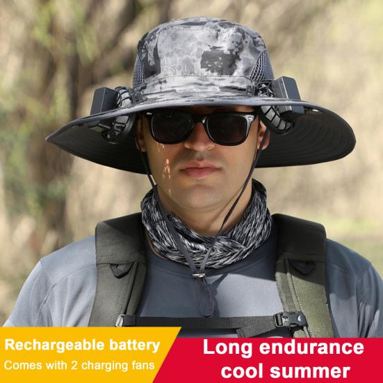 Sun Hat with Breathable Mesh Design Adjustable Cord Wide Brim Sun Protection Hat Dual Fan Design Fishing Hiking Hat