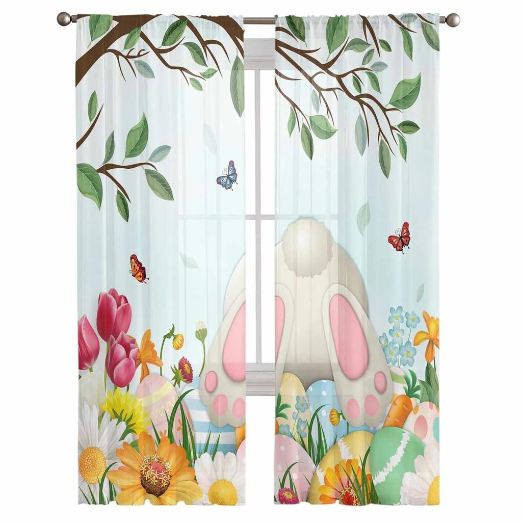 Easter Eggs Bunny Butt Flowers Leaves Sheer Curtains For Living Room Kitchen Window Curtains Bedroom Tulle Voile Curtains