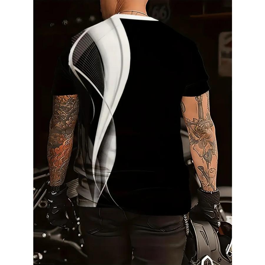 Men Casual Graphic T-Shirt - Black & White Abstract Design, Short Sleeve, Round Neck  Stretchy Summer, Streetwear Style, Everyday Comfort Tee