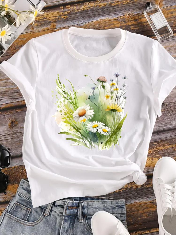 (Asian Size) Women Flower Watercolor Trend Cute 90s Short Sleeve Fashion Tee Top Clothing Print Lady Casual Tshirt Female Graphic T-shirts