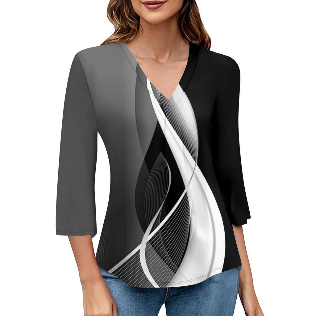 Women's V-neck Gradient Print Three-quarter Sleeve Fashion Top