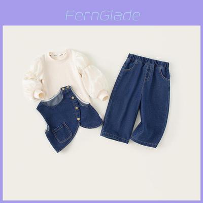 Mädchen Frühling Herbst Denim Dreiteiler mit Schleife für Kinder im Alter von 3 bis 8 Jahren