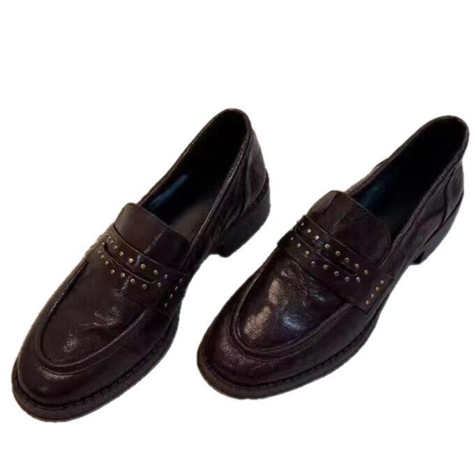 British style shallow mouth single shoes women's 2025 spring and autumn new versatile willow nails one pedal loafers round head small leather shoes