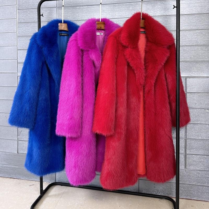 Womens Faux Fur Coat Mid-Length Winter Outerwear Street Style Polo Neck No Hood