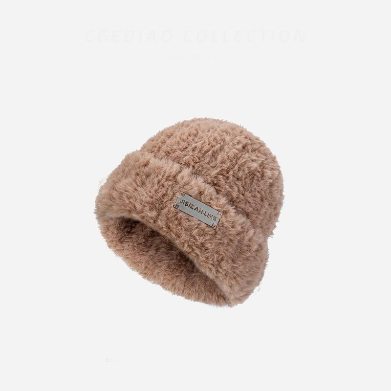 Wool Hat for Autumn and Winter Women's Versatile Knitted Bag Headset Showing Face Small Warm White Plush Cold Hat Big Head Circumference