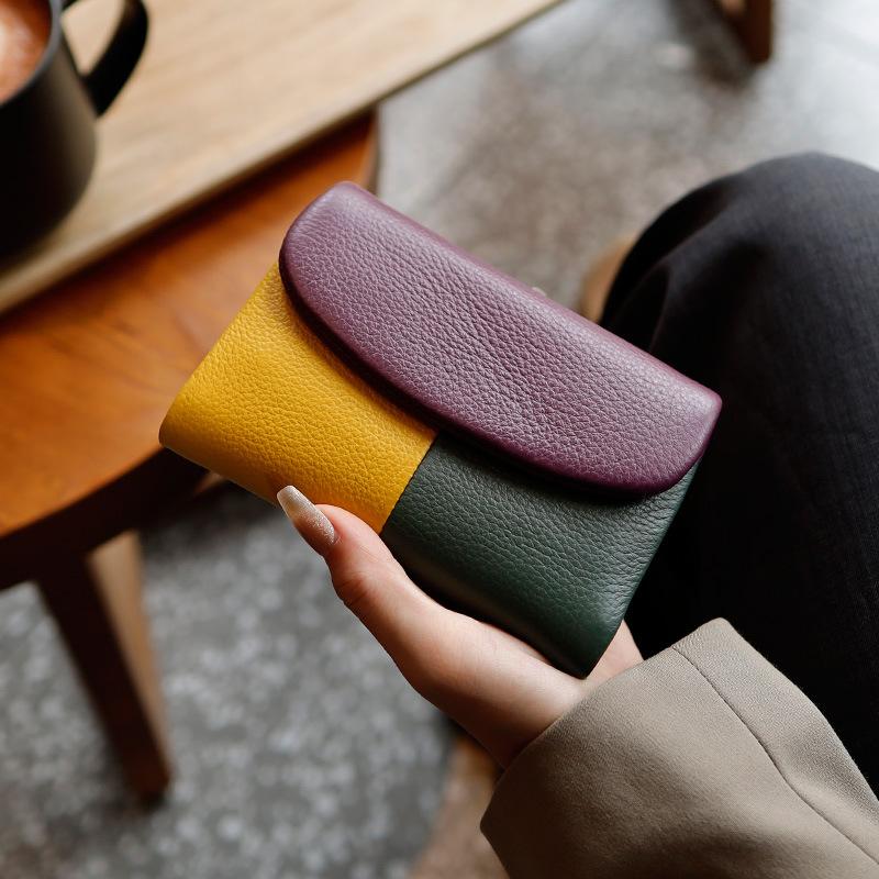 2026 Leather Women's Color-blocked Wallet, Large Capacity Top Layer Cowhide Wallet, Short Clutch