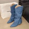 Pleats Blue Denim Thigh High Boots for Women 2025 Autumn Thick Heeled Pointed Toe Cowboy Boots Woman Slip On Western Long Boots
