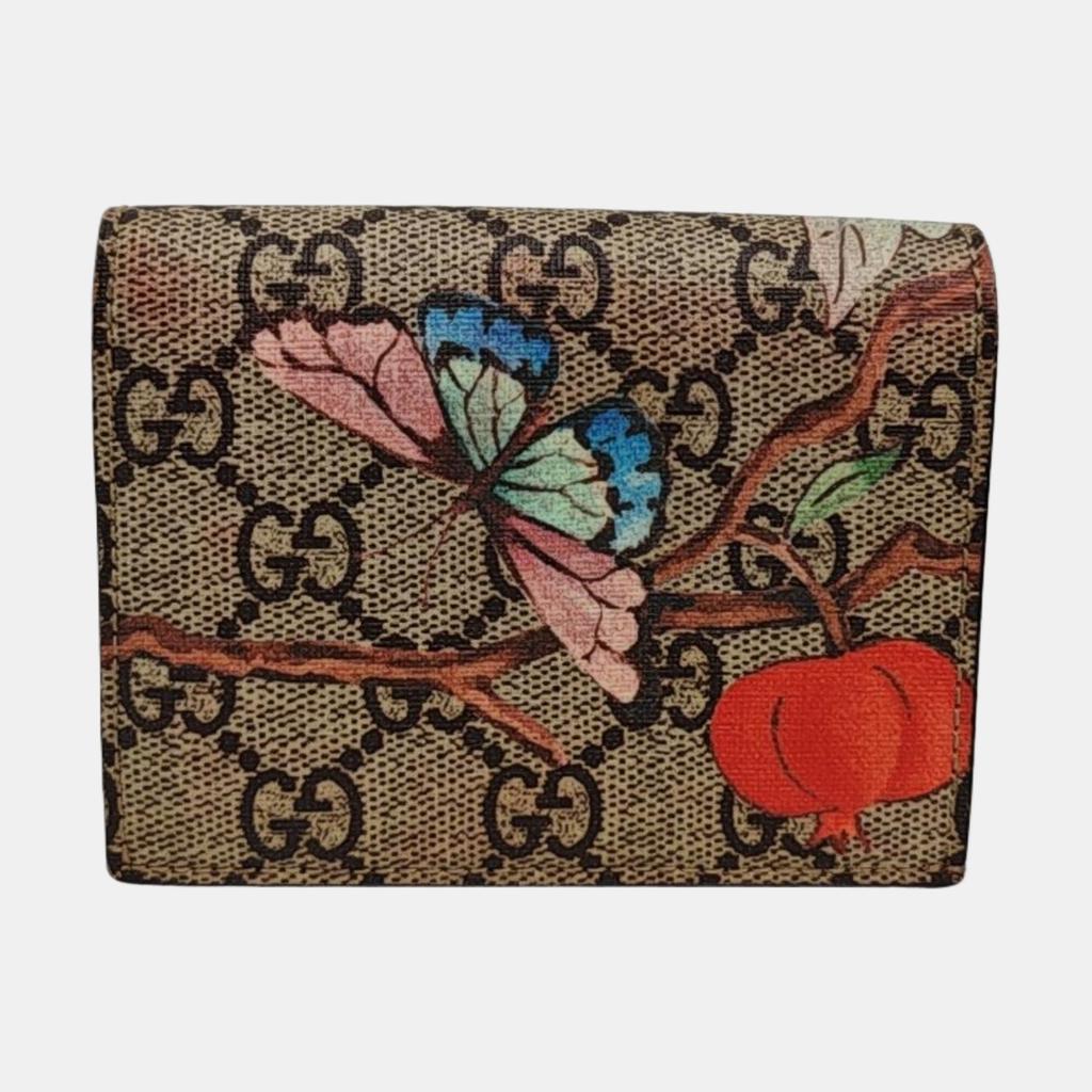 [Pre-Owned] Butterfly Print Logo Double Fold Canvas And Leather Card Holder Wallet Small - Very Good #198PXTH