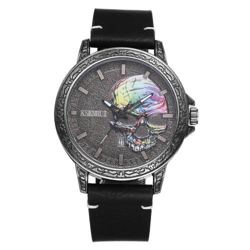 

Мужские панк-часы с черепом и ремешком из натуральной кожи: Часы Скелет Череп из Античной Кожи с Водонепроницаемым Аналоговым Кварцевым Механизмом, Готический Аксессуар - Пер