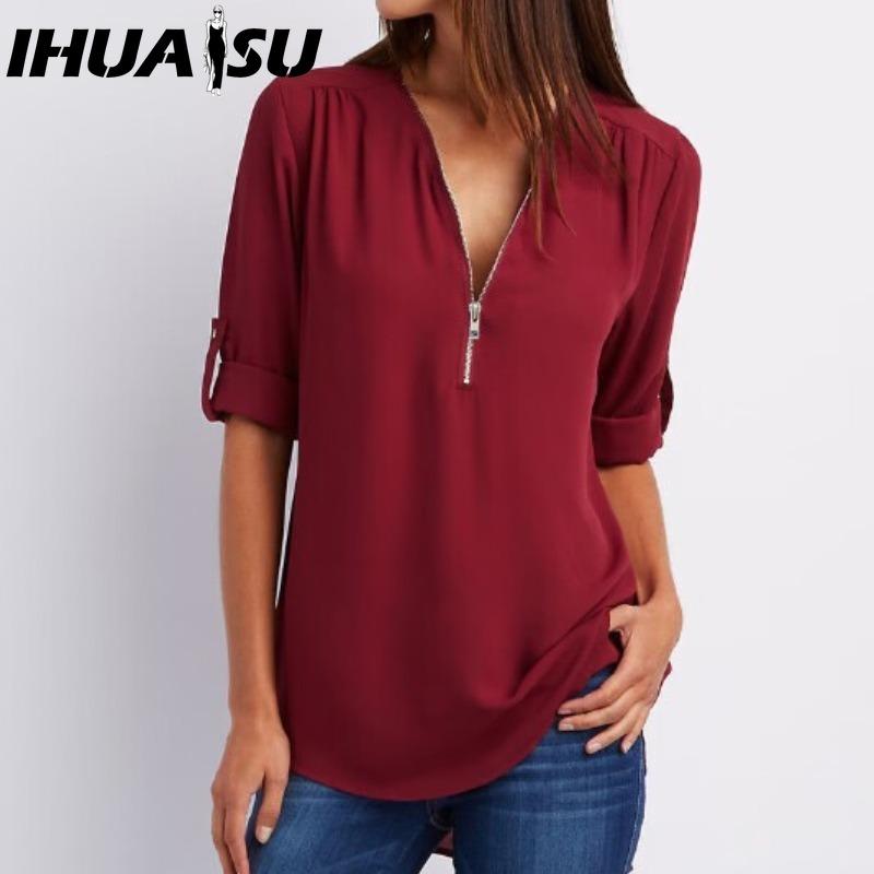 IHUASU Women's Fashion Casual Solid Color Print Short Sleeve POLO Neck Blouses & Shirts
