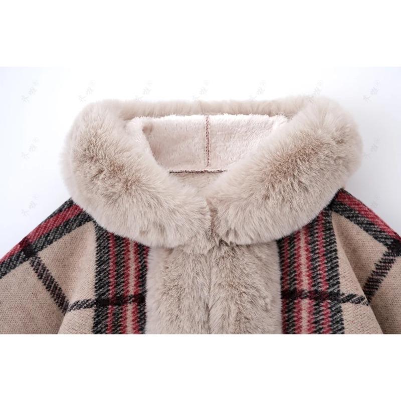 Faux Rabbit Fur Capes Coats Women Plaid Poncho Jackets Tassel Hooded Batwing Sleeves Open Stitch Loose Casual Autumn Winter