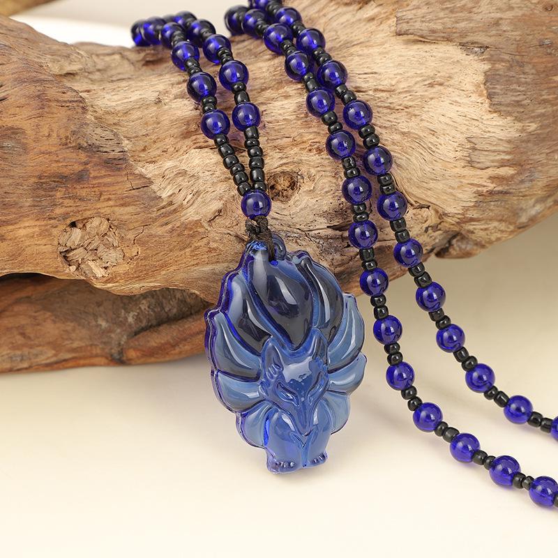 Medium Long Pink Crystal Nine-Tailed Fox Necklace with Green Chalcedony Jade Pendant