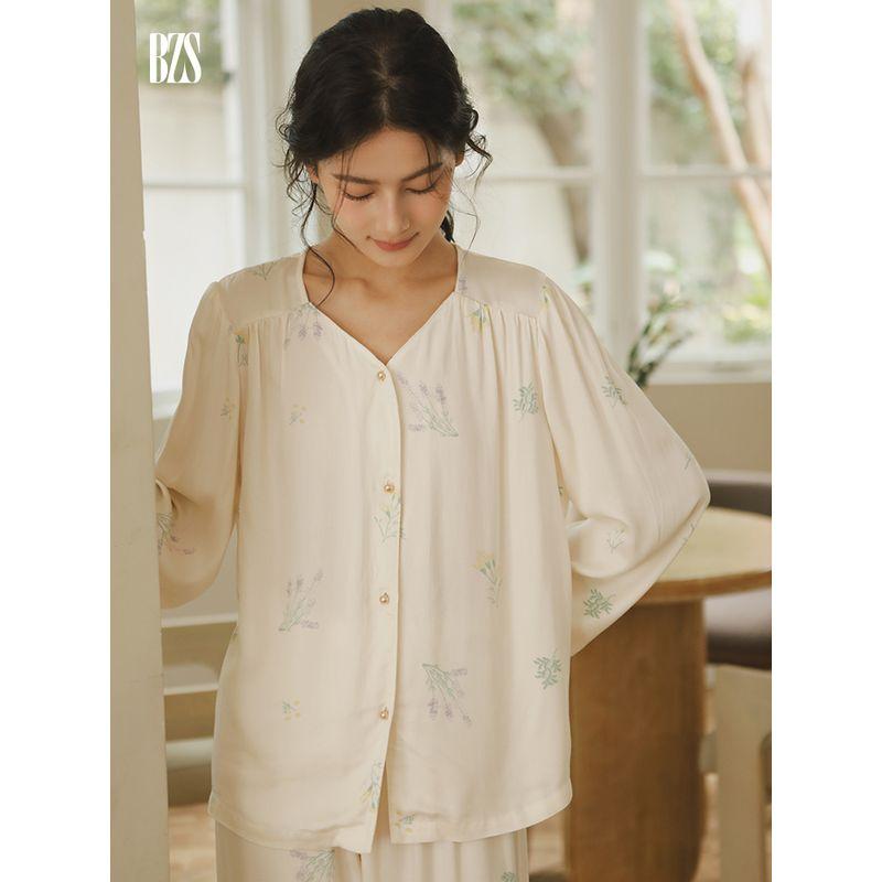 2024 Summer Tribute Satin Print Early Autumn Plaid Pajamas Fresh Spring and Autumn Home Wear Women's V Neck Soft Long-Sleeve Suit