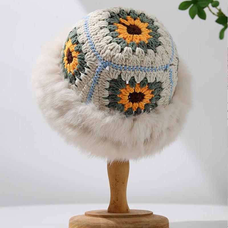 Big head circumference rabbit hair knitted hat women's autumn and winter rough edge bucket hat showing face small warm wool hat Rex rabbit hair hat