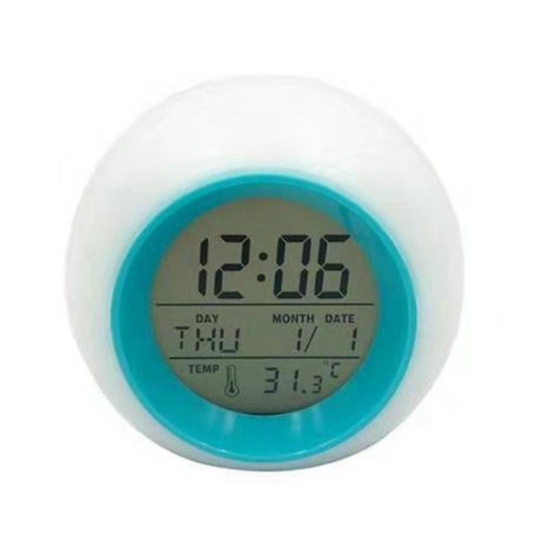 Multicolor LED Nightlight Alarm Clock with Calendar Temperature Display Battery Operated Round Shape Bedroom Essential