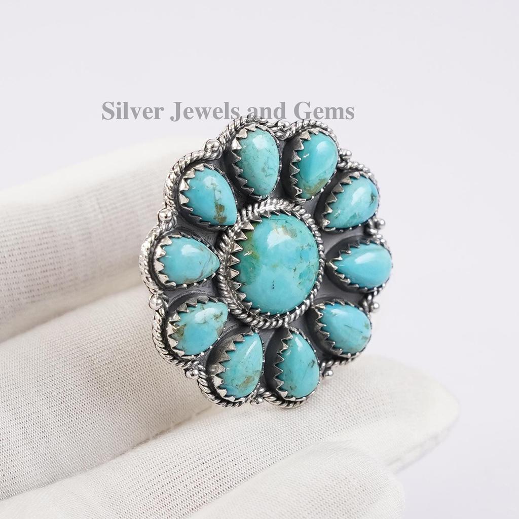 Handmade Kingman Turquoise Cluster Ring: Sterling Silver Multi Stone Ring