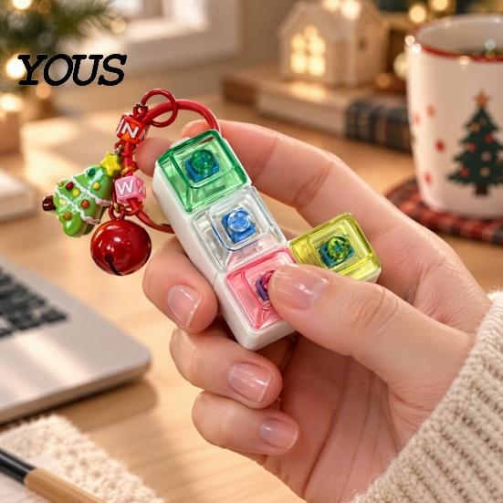 Portable Sensory Toy for Anxiety Christmas Mechanical Keyboard Fidget Keychain, Push Button Stress Relief Tree Hanging Ornament with Reindeer