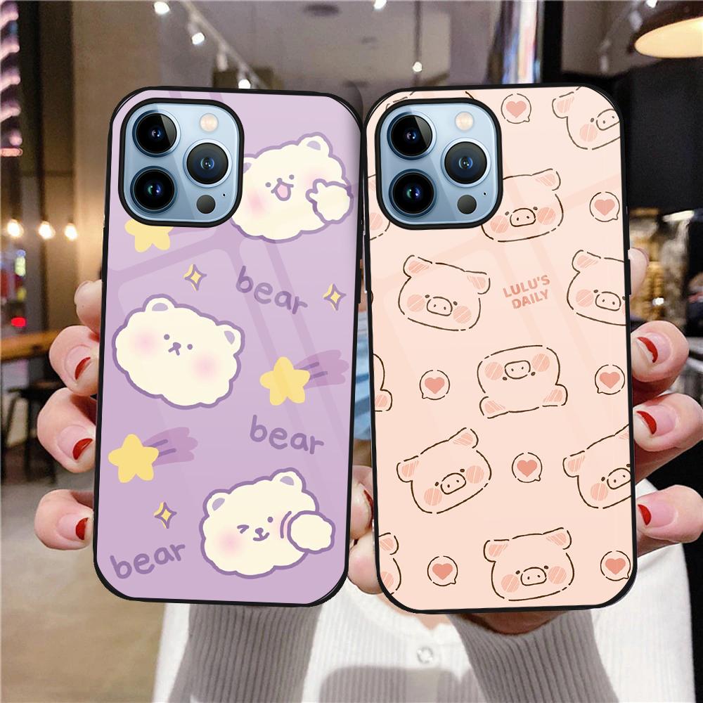 Cute Pig Case For Iphone 11 Pro Max 14 13 12 Mini Xs Xr X 7 8 6s Plus Se 2022 Luxury Tempered Glass Cover Protection Shell