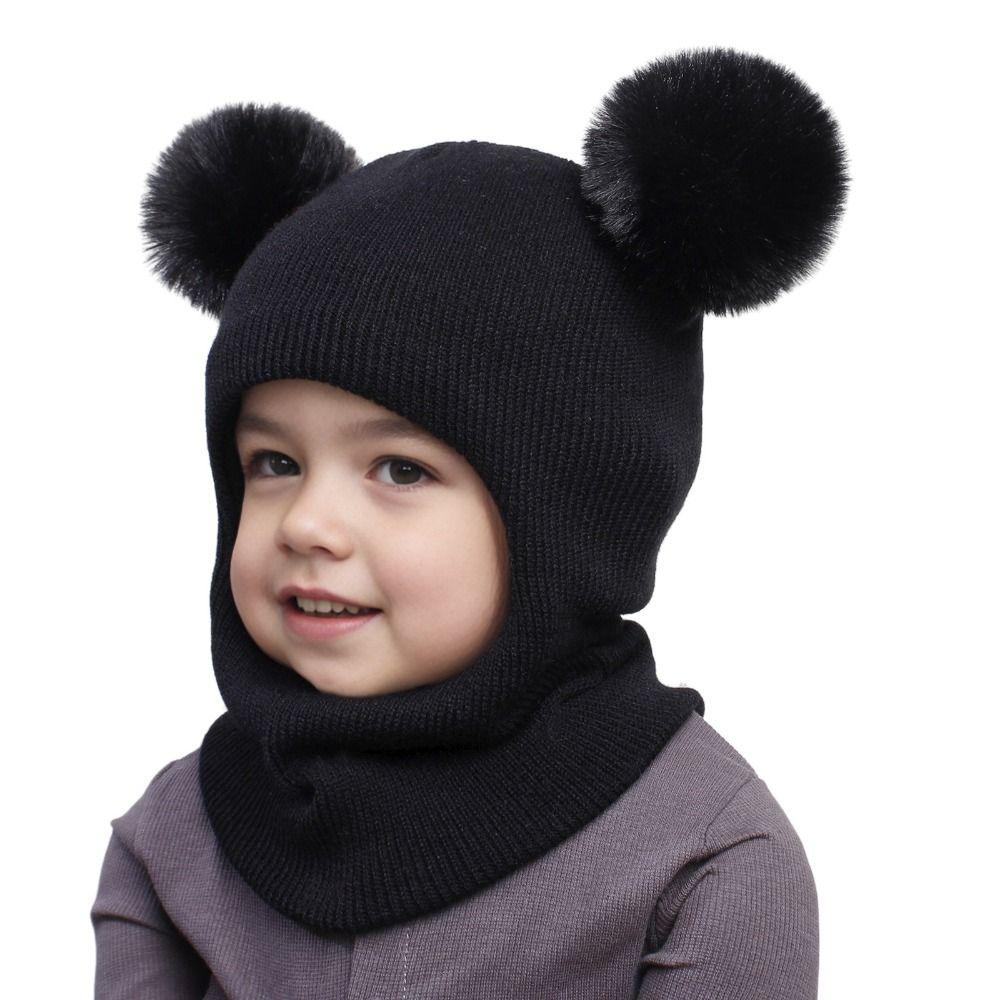 Double Balls Baby Winter Hat Solid Color Kids One-piece Hat Scarf  Girls Boys