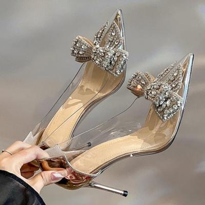 New Style Fashion Sliver Rhinestone Bow Transparent Women Pumps Autumn Stiletto High Heels Sexy Bride Party Wedding Dress Shoes