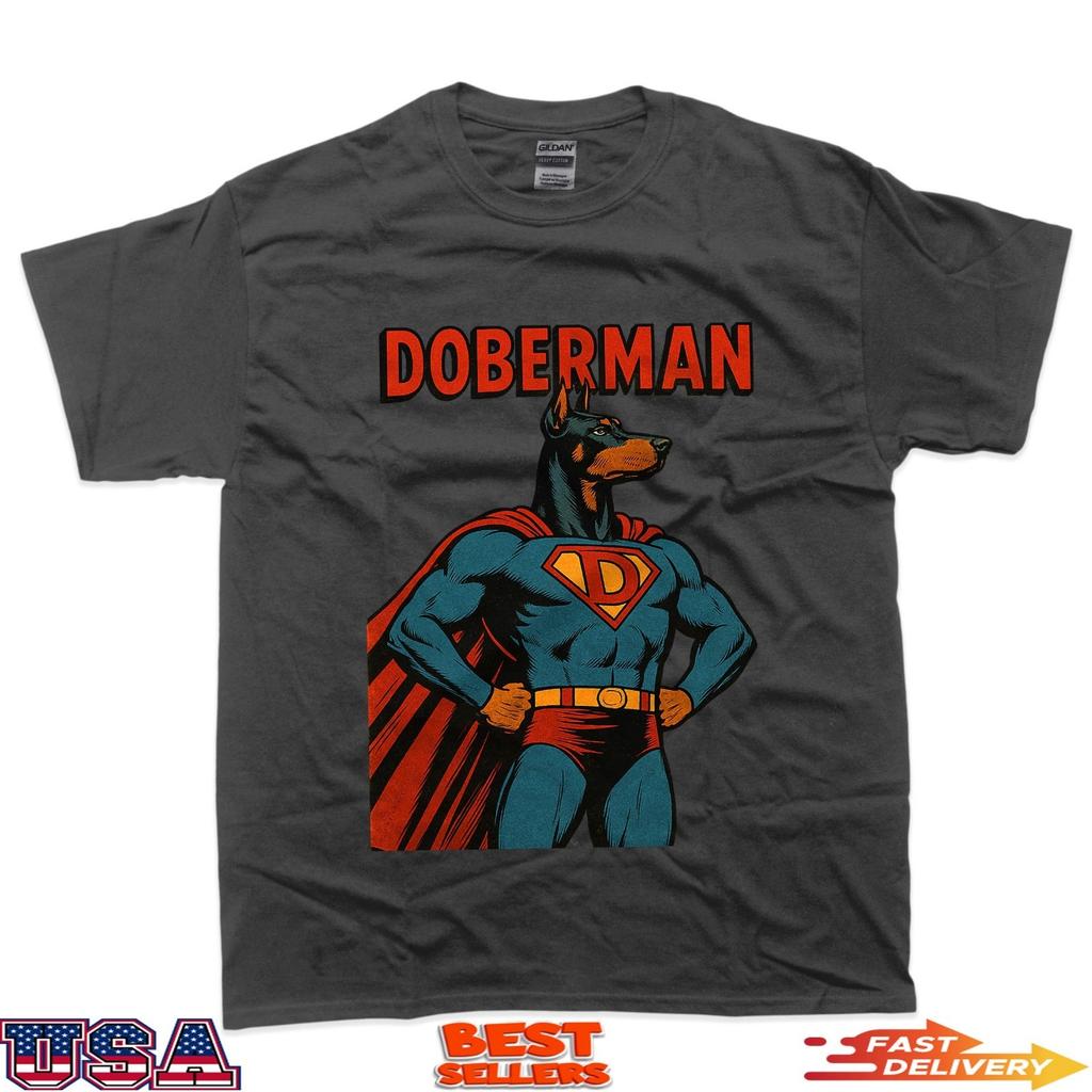 Doberman Superhero Dog Comic Style Retro Graphic Print T-shirt for Men and Women Fashionable Pure Cotton Short-sleeved