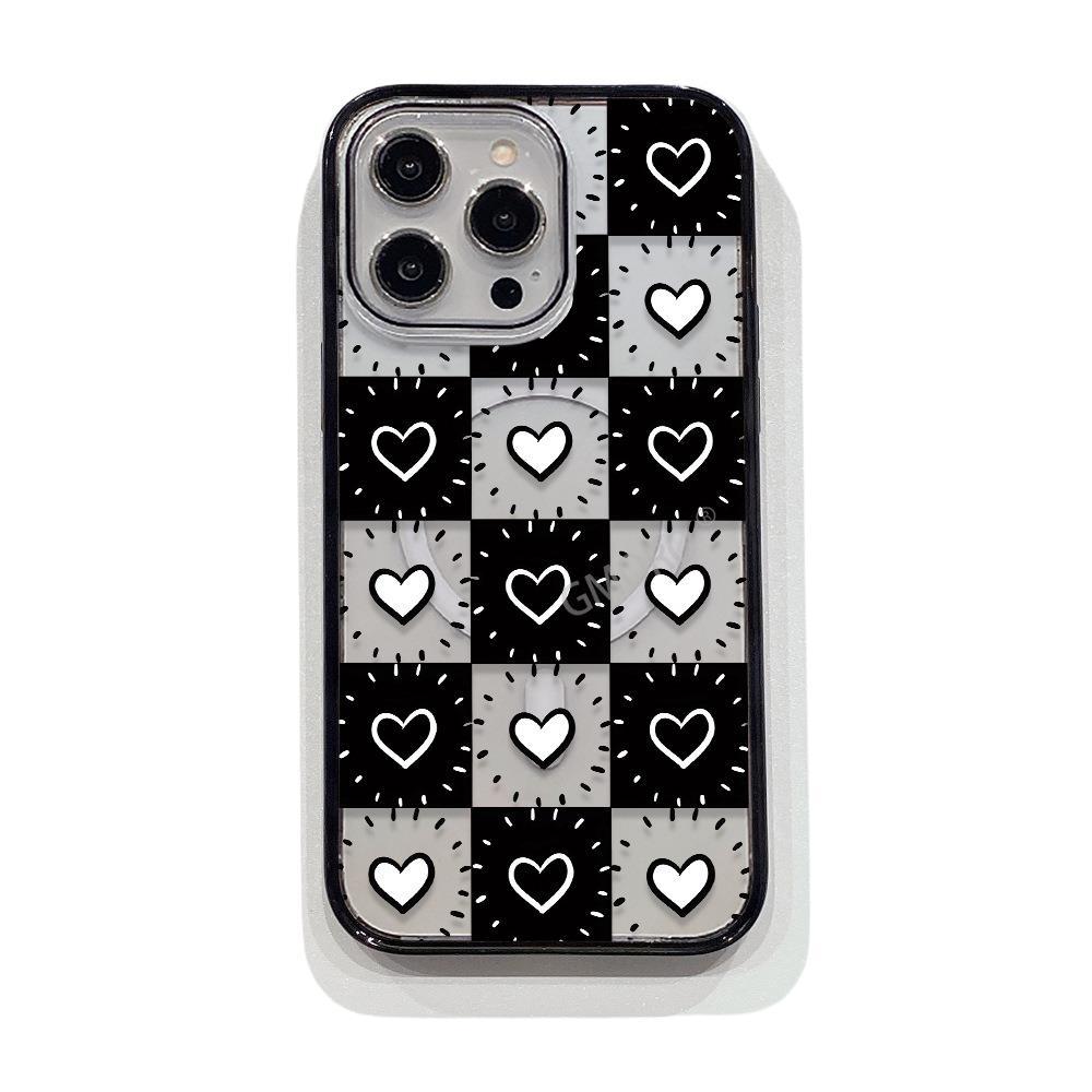 Creative black plaid women's love Apple 17 transparent magnetic mobile phone case iPhone15promax protective case