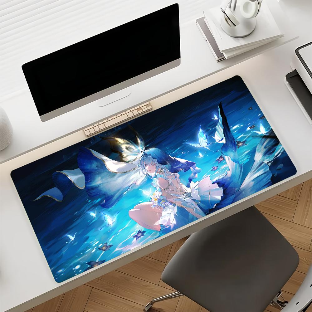 Gaming Mouse PadAntislipStitched Edges Underwater Blue Anime Girl with Butterflies Print Keyboard Pad for Gamer Home Office