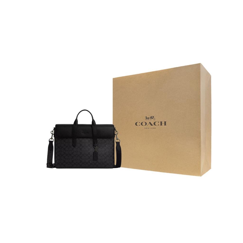 Coach Sullivan 38 Logo Print Magnetic Closure Coated Canvas Shoulder Crossbody Tote Bag Large Men bags Black Gray CZ402-QBMI5