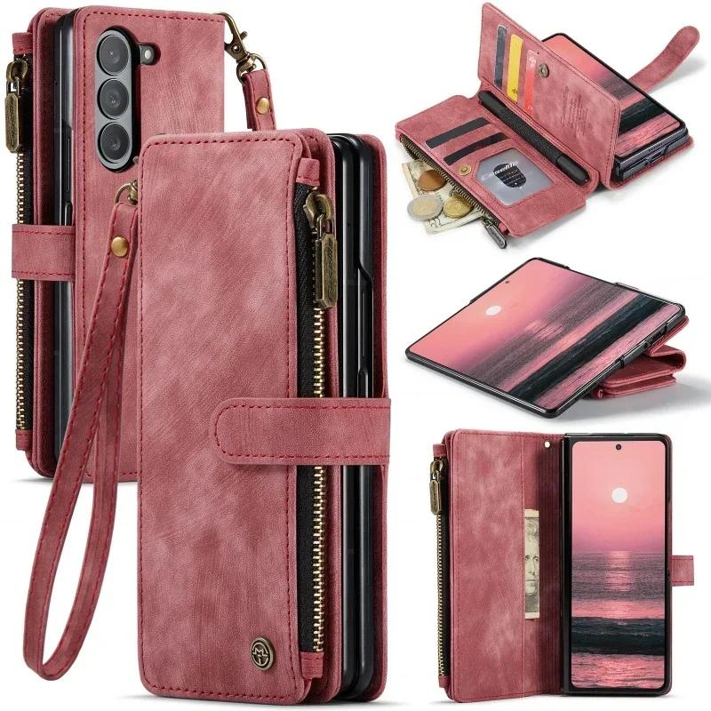Portafoglio con Zip in Pelle Custodia per Telefono per Samsung Galaxy Z Fold 7 6 5 4 5G Fold7 Fold6 Fold5 Fold4 Portafoglio con Laccetto Scomparto per Carte Custodia