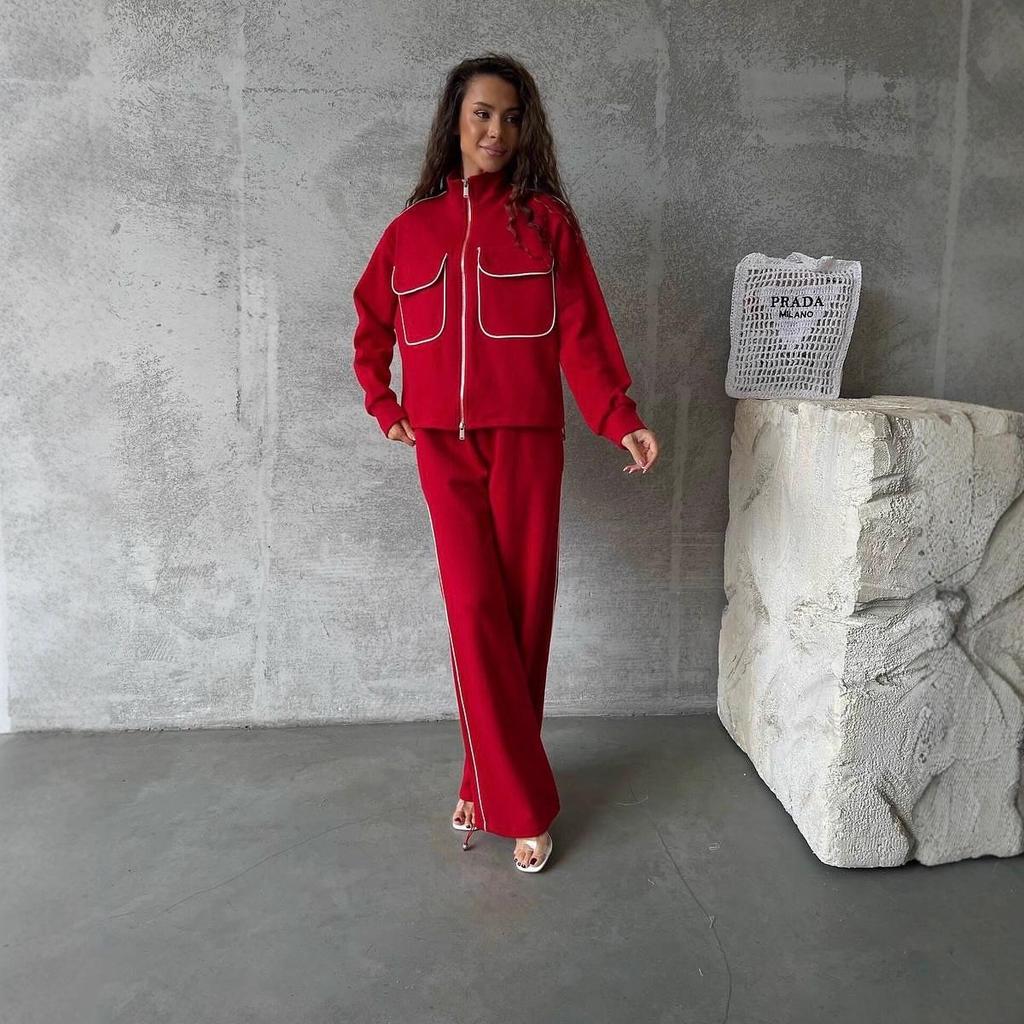 Women's European & American Fashion Autumn Cardigan and Casual Pants Set with Half High Neck and Pockets