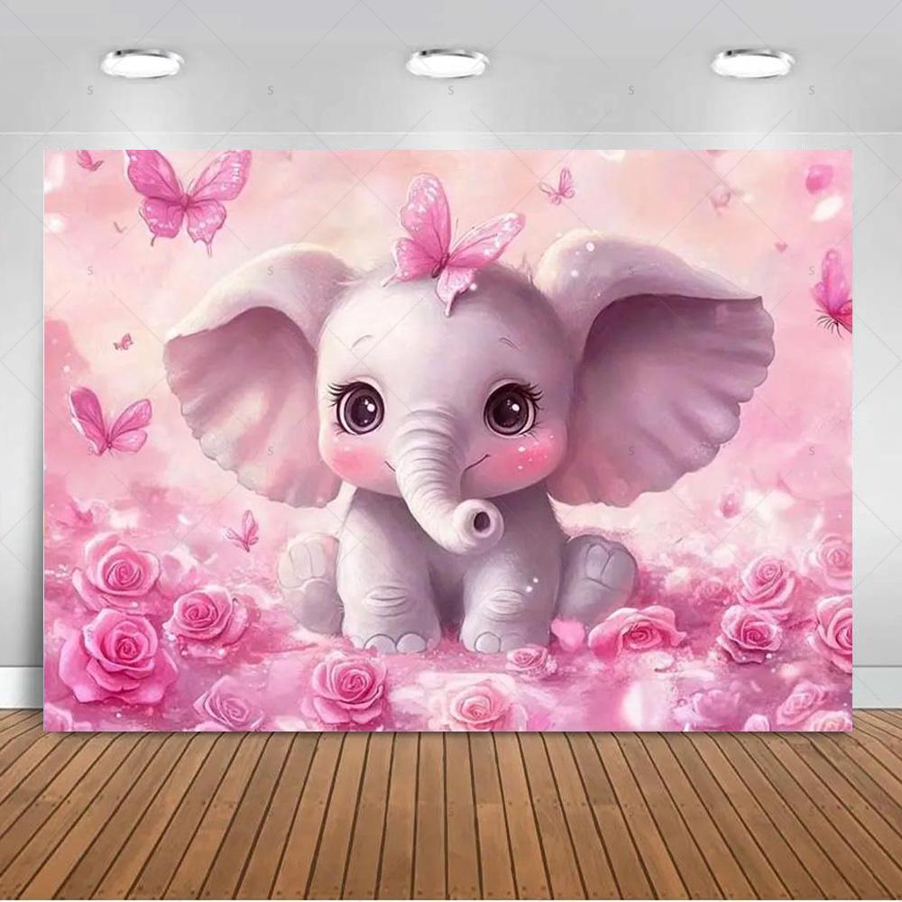 Cartoon Elephant Flower Photography Backdrop Kids Birthday Party Decor Background Baby Shower Supplies Newborn Photo Shoot Props