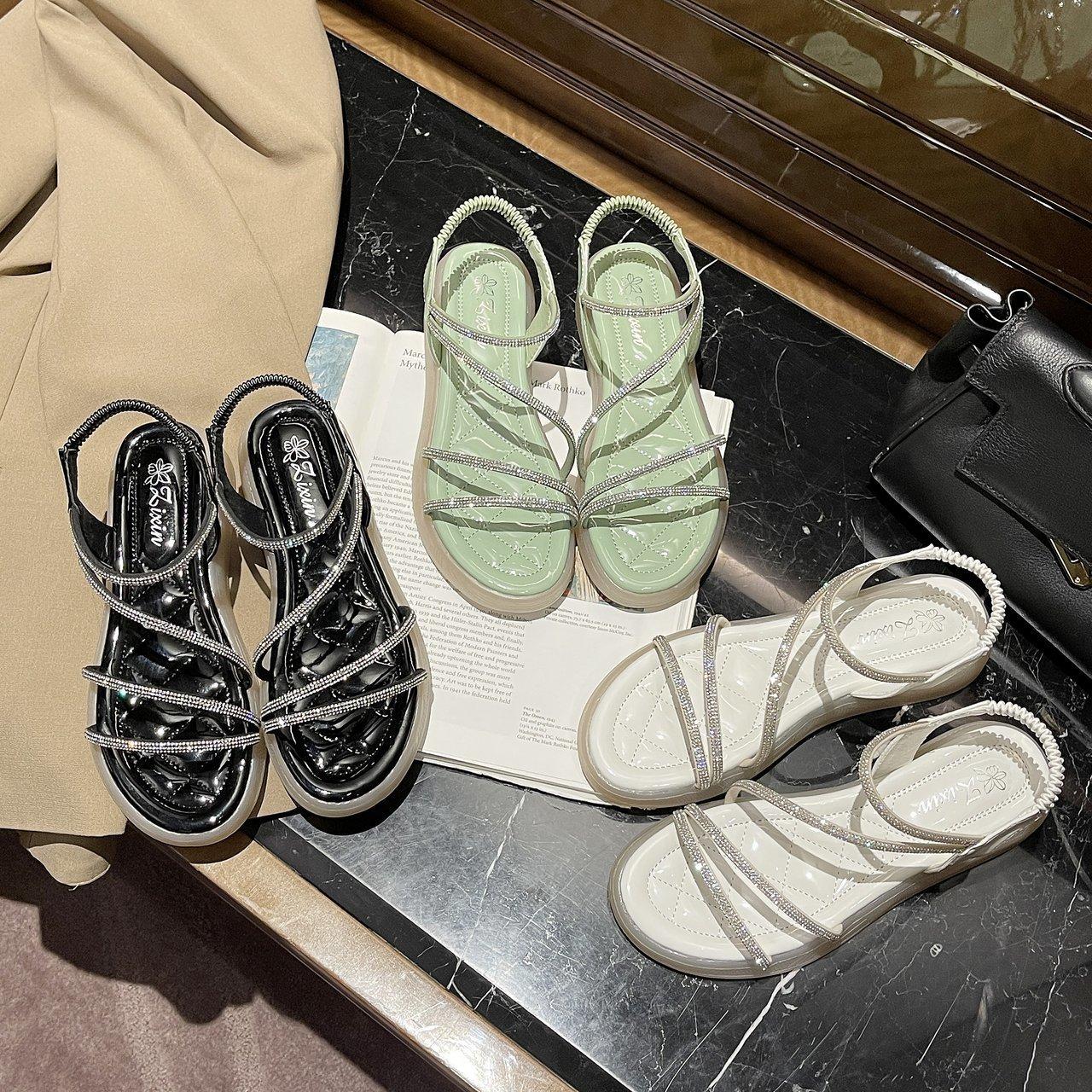 

Rhinestone sandals women s new flat-bottomed tide with diamond fashion sandals 35 зелений