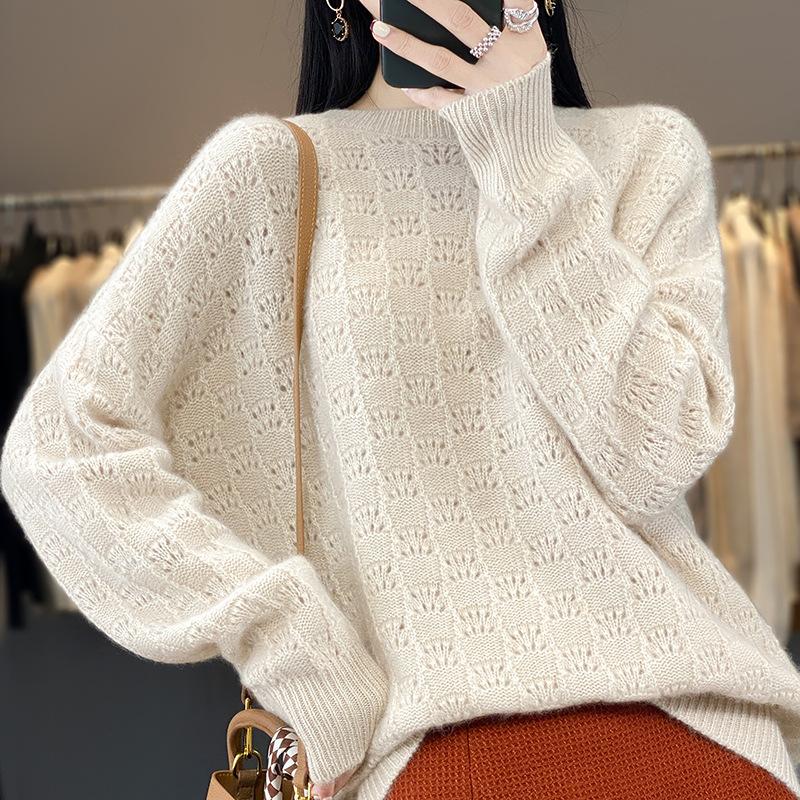 Autumn And Winter New Round Neck Hollow Wool Knitted Sweater Women'S Loose And Thin Long-Sleeved Versatile Jacquard Sweater Large Size