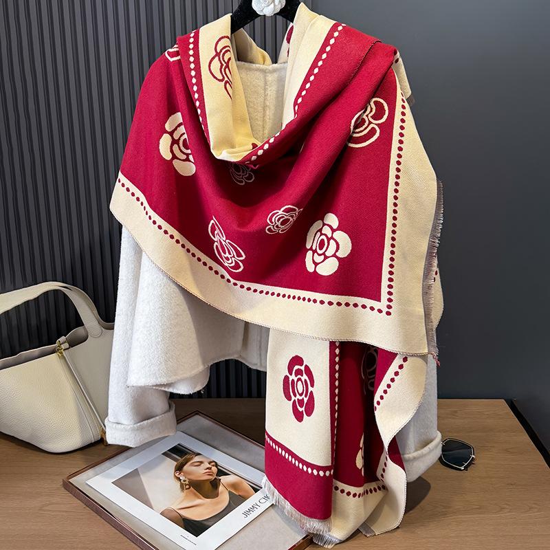 Temperament Kleiner Duftschal Damen Vielseitiger Mantel Dekorativer Warmer Kamelienschal Doppelzweck Imitat Kaschmir Schal Dick