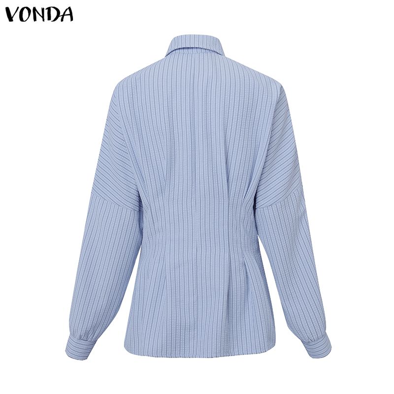 VONDA Womens Casual Lapel Neck Long Sleeve Ruffled Striped Print Loose Rumple Blouse Shirts