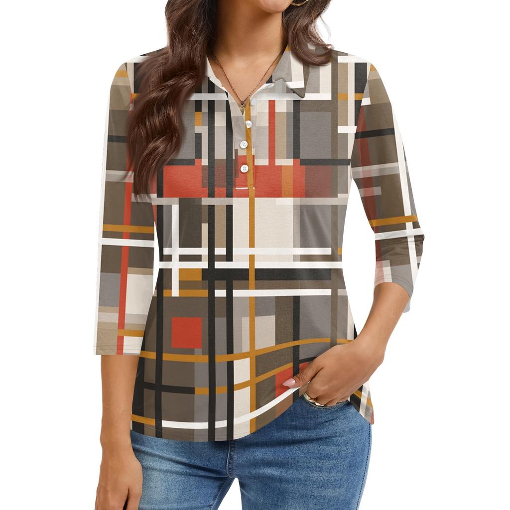 Camicia Casual da Donna con Collo a Revers, Manica Corta 3/4, Stampa, Top da Donna con Bottoni