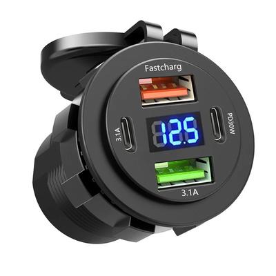 Kfz-Ladebuchse Dual Typ-C & Dual USB 4 Anschlüsse Schnellladebuchse Wasserdicht mit Voltmeter 12V/24V Für Auto Boot Motorrad