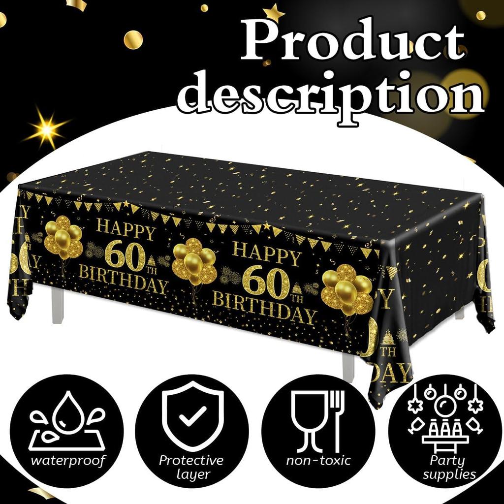 3Pcs 60th Birthday Tablecloth Decorations 60 Year Old Birthday Decorations Black Gold Happy 60 Birthday Table Cloth Rectangle Table Decorations 60th