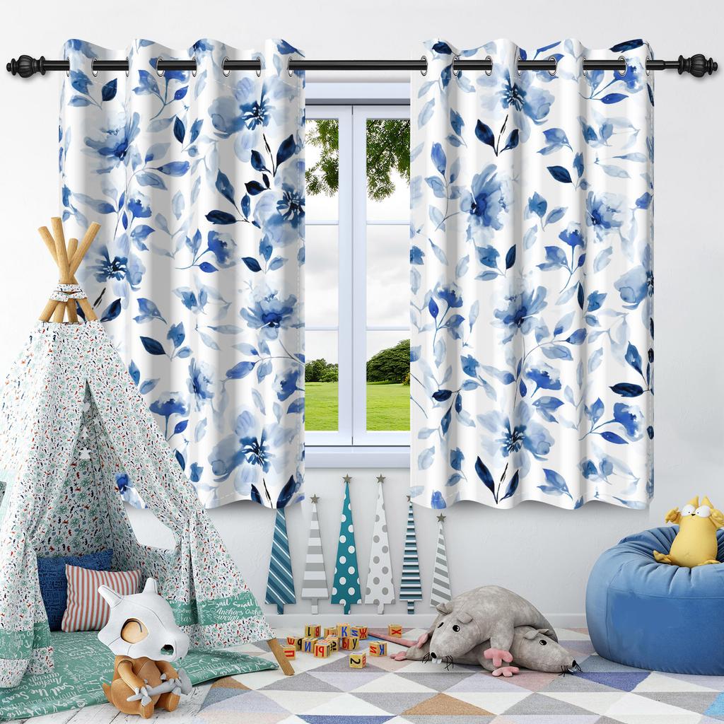 2pcs Plants Leaf Flowers Blue Blackout Curtains Home Bedroom Living Room Darkening Apartment Decoration Grommet Window Drapes