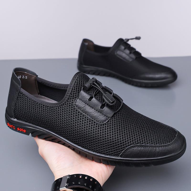 Summer men's fly-woven mesh breathable one-pedal casual shoes men's hollow breathable hand leather shoes