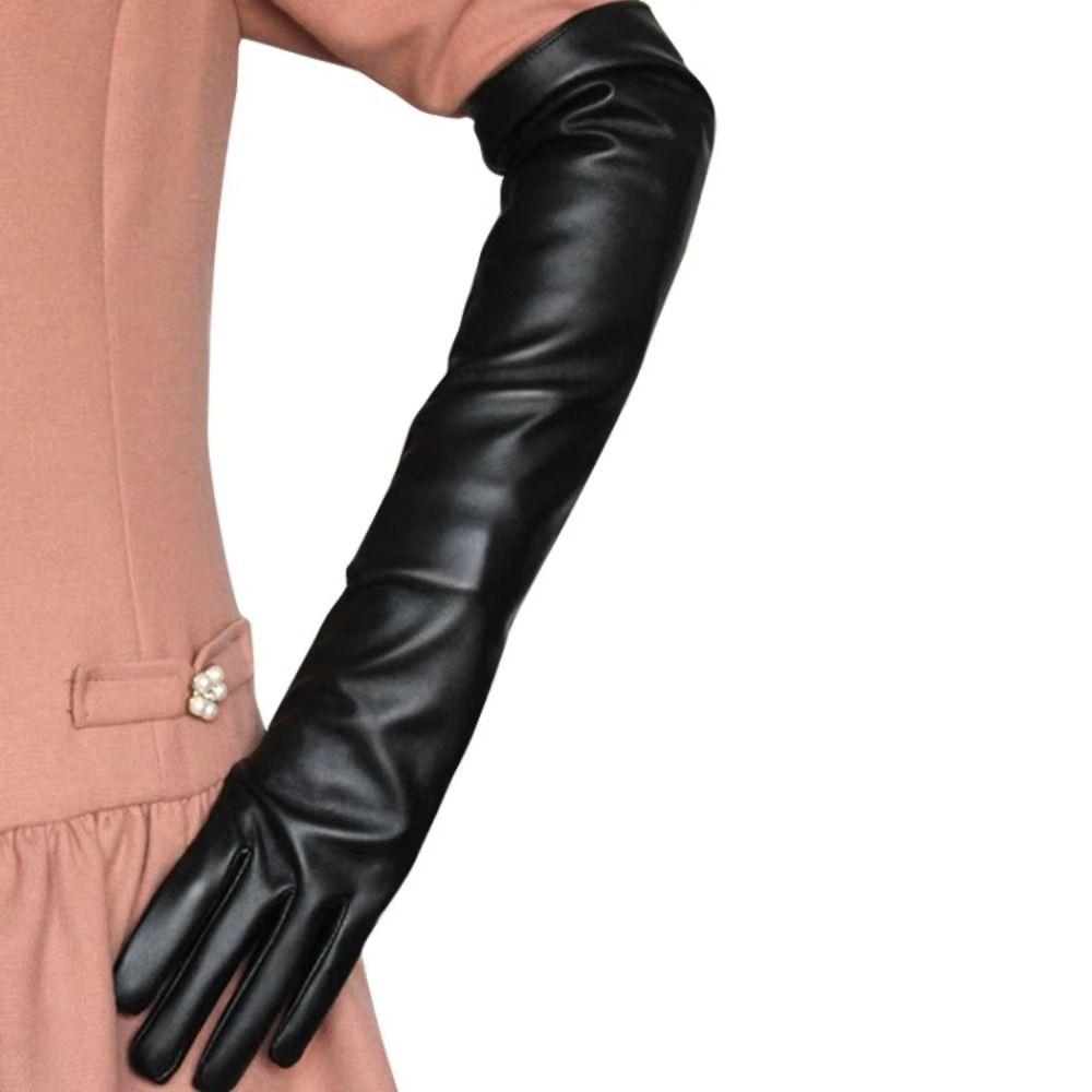 Full Finger Pu Leather Gloves Solid Color Mittens Elastic Long Gloves Winter
