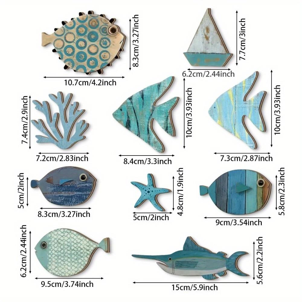 10Pcs Wall Art Wooden Decorations Retro Fish Wall Decor  Bedroom Home Decorations