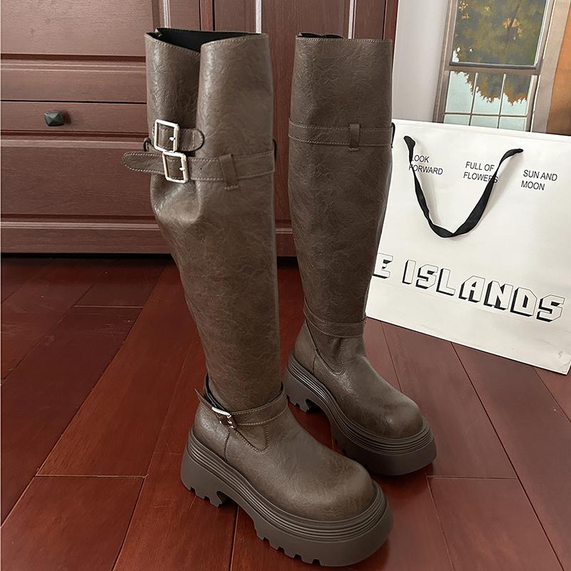 Winter Fashion Platform Woman Knee High Boots Fashion Belt Buckle Square Heels Modern Long Booties