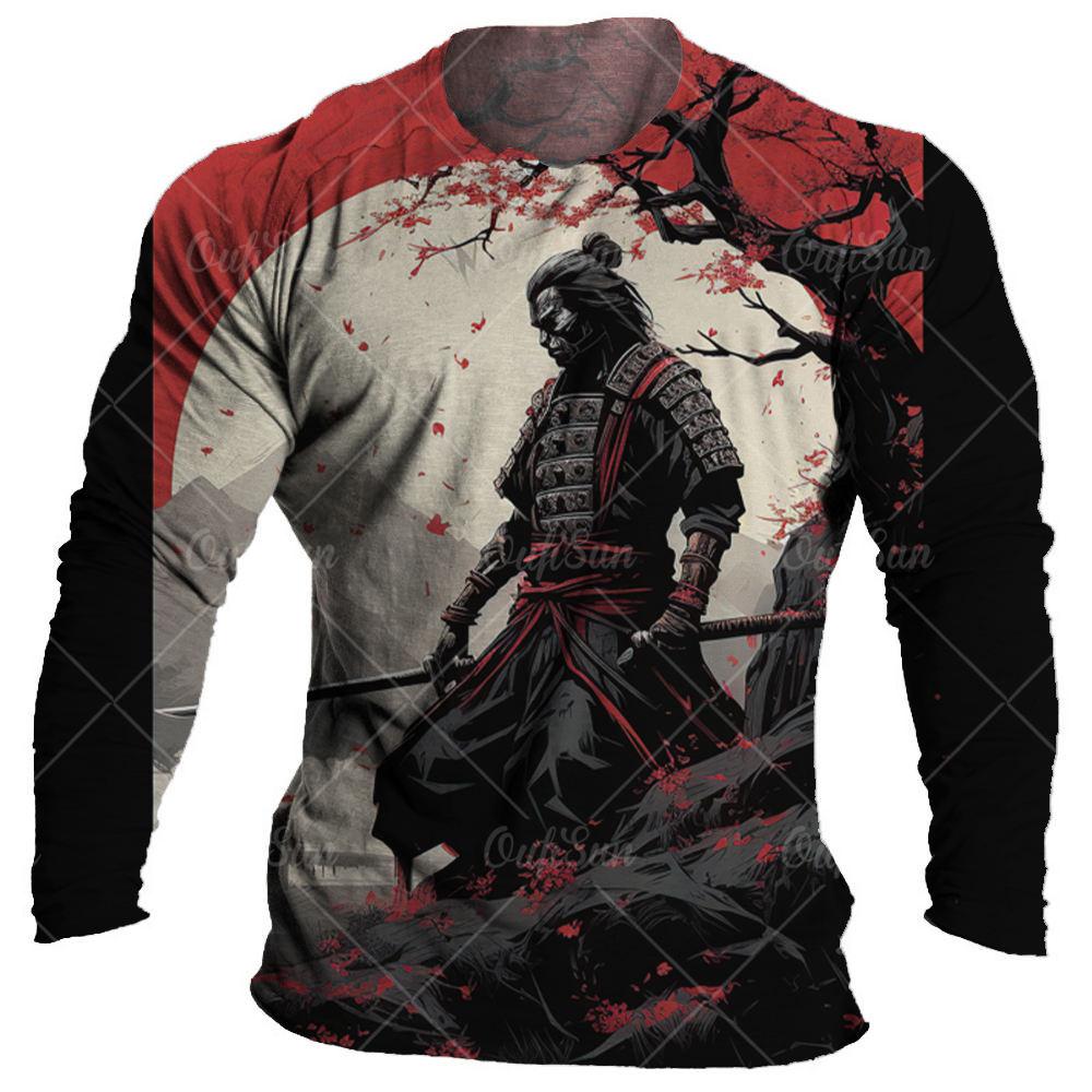 Japanisches Samurai-T-Shirt aus Baumwolle mit 3D-Aufdruck im japanischen Stil, langärmelige Oberteile, lässiges Herren-T-Shirt, übergroße Vintage-Herrenbekleidung