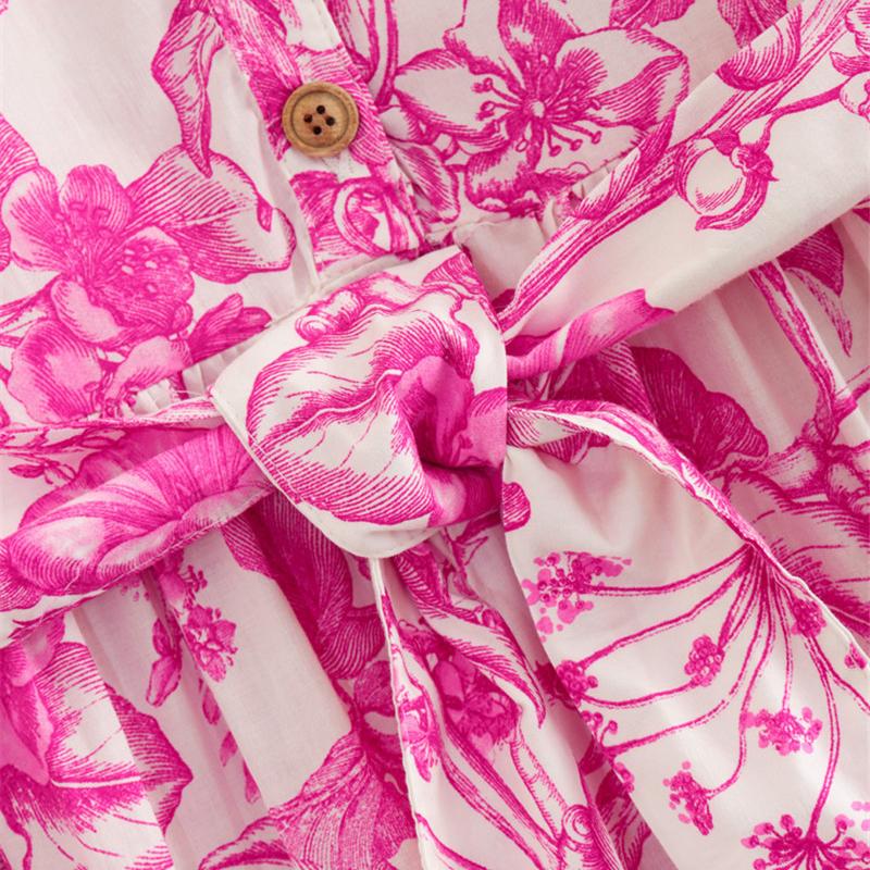 Fashion Pink Print Women'S Dress Elegant Three Quarter Sleeve Lace-Up Dresses Casual New Pleated Mini Dresses Streetwear